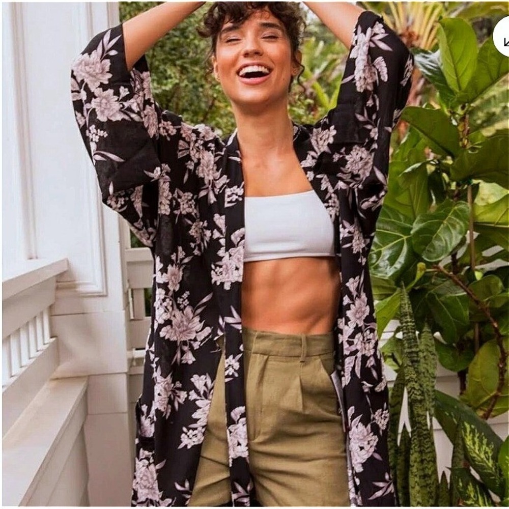 Spiritual Gangster Maya Black Floral Kimono Robe Boho Swimsuit Cover One Size